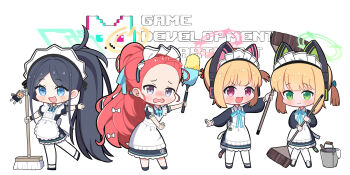 4girls :d animal_ear_headphones apron aris_(blue_archive) aris_(maid)_(blue_archive) black_dress black_hair blonde_hair blue_archive blue_bow blue_eyes blue_halo blue_ribbon blush bow broom bucket bucket_of_water cat_ear_headphones cat_ears cat_tail chibi closed_mouth dress duster english_text feather_duster frilled_apron frills game_development_department_(blue_archive) green_eyes green_halo grey_eyes hair_bow halo headphones highres holding holding_broom holding_bucket holding_mop kei_(robot)_(blue_archive) long_hair luceee maid maid_apron maid_headdress medium_hair midori_(blue_archive) midori_(maid)_(blue_archive) momoi_(blue_archive) momoi_(maid)_(blue_archive) mop multiple_girls neck_ribbon number_print official_alternate_costume official_alternate_hairstyle open_mouth pink_bow pink_eyes pink_halo ponytail red_hair ribbon robot sidelocks simple_background smile tail very_long_hair wavy_mouth white_background white_bow yellow_halo yuzu_(blue_archive) yuzu_(maid)_(blue_archive)
