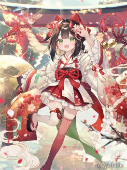 1girl bird black_hair black_sandals black_sash bow character_request commentary_request copyright_notice fang floral_print_sleeves flower green_eyes hair_bow hair_flower hair_ornament horns japanese_clothes miko mismatched_thighhighs natsuiro_xx obi open_mouth red_bow red_horns red_thighhighs sandals sash skin_fang solo tassel teikoku_senki thighhighs torii white_thighhighs