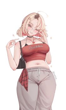 1girl absurdres adjusting_eyewear ahoge among_us asymmetrical_bangs bag black_bra black_choker blonde_hair blush bra breasts brown_eyes chaisia_art choker commentary cowboy_shot crop_top english_commentary fingernails forehead glasses grey_pants grin hair_ornament hairclip handbag hands_up highres large_breasts long_fingernails midriff navel original pants parallel_hairclips pink_lips rectangular_eyewear red_(among_us) red_nails red_tube_top short_hair simple_background smile solo standing strapless string_bra sweatpants tube_top twitter_username underwear white_background