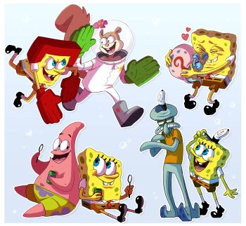 Rule 34 | 1girl, 3boys, absurdres, animal, animal hug, annoyed, blowing bubbles, buck teeth, gary (spongebob), hiffuu, highres, multiple boys, octopus boy, patrick star, sandy cheeks, snail, spongebob squarepants, spongebob squarepants (series), squidward tentacles, starfish, teeth