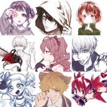 4boys 5girls absurdres adjusting_hood bandaged_hand bandaged_head bandages bare_shoulders black_eyes black_gloves black_hair brown_eyes brown_hair chainsaw chainsaw_man character_request choppy_bangs closed_mouth collared_shirt commentary_request commission copyright_request demon_girl demon_tail demon_wings denji_(chainsaw_man) disgaea double-parted_bangs etna_(disgaea) facial_tattoo finger_to_mouth flower from_side gloves green_eyes green_sweater grey_shirt greyscale hair_between_eyes hand_up heterochromia high_collar highres holding holding_chainsaw holding_flower hood hood_up hyena_boy hyena_ears ichinose_shiki idolmaster idolmaster_cinderella_girls inumaki_toge isaac_foster jujutsu_kaisen long_hair looking_ahead looking_at_viewer lying monochrome multiple_boys multiple_girls nose okubatomaeba on_stomach open_mouth orange_eyes parted_lips pink_flower pointy_ears profile red_eyes red_hair ruggie_bucchi sanpaku satsuriku_no_tenshi sharp_teeth shirt short_hair short_twintails simple_background sketch slit_pupils smile spot_color sweater tail tattoo teeth tongue tongue_out tsurime twintails twisted_wonderland v white_background wings