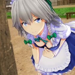 1girl 3d animated blue_eyes breasts cleavage cleavage_reach clothes_pull downblouse grey_hair hanging_breasts izayoi_sakuya leaning_forward looking_at_viewer medium_breasts mofumoko5 naughty_face seductive_smile smile solo surprised thighs top_pull touhou video
