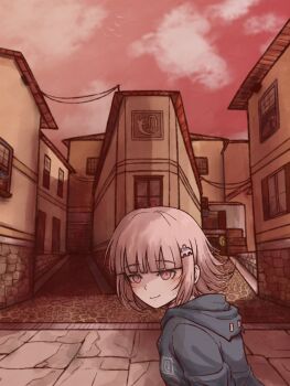 1girl black_jacket blunt_bangs brown_hair counter-strike counter-strike_(series) danganronpa_(series) danganronpa_2:_goodbye_despair flipped_hair highres hood hooded_jacket jacket kmnm_1403 long_sleeves looking_at_viewer nanami_chiaki outdoors pink_eyes smile solo