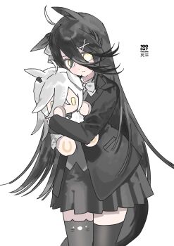 1girl absurdres animal_ears black_hair black_jacket black_skirt black_thighhighs bow closed_mouth commentary_request doll grey_vest hair_between_eyes highres holding holding_doll horse_ears horse_girl jacket long_hair looking_at_viewer manhattan_cafe_(umamusume) open_clothes open_jacket skirt solo thighhighs umamusume very_long_hair vest wazawai_(isotwen) white_bow white_hair yellow_eyes
