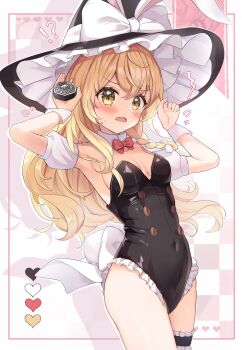 1girl absurdres alternate_costume animal_ear_hairband animal_ears black_leotard blonde_hair bow bowtie braid breasts cleavage commentary_request detached_collar detached_sleeves fake_animal_ears frilled_leotard frills hairband highres kirisame_marisa leotard long_hair medium_breasts mini-hakkero playboy_bunny rabbit_ears rabbit_tail red_bow red_bowtie side_braid simple_background solo strapless strapless_leotard tail thigh_strap touhou wheat_retzel white_background wrist_cuffs yellow_eyes