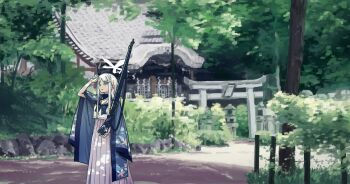 1girl architecture arisaka blue_archive blue_haori blue_neckerchief bolt_action bush colored_eyelashes commentary_request dappled_sunlight day desuyone0502 east_asian_architecture feet_out_of_frame fence grass gun hair_ornament halo hand_to_forehead haori highres holding holding_gun holding_weapon japanese_clothes long_hair long_skirt nagusa_(blue_archive) nature neckerchief outdoors path rifle road scenery school_uniform serafuku shrine skirt snowflake_hair_ornament snowflake_halo solo sunlight torii tree very_long_hair weapon white_eyelashes white_eyes white_hair white_halo white_serafuku white_skirt