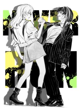 Rule 34 | 2girls, absurdres, bang dream!, bang dream! it's mygo!!!!!, blush, chinese commentary, closed mouth, clothes grab, commentary request, earrings, greyscale with colored background, hero45439083942, high heels, highres, jacket, jewelry, long hair, multiple girls, necktie, necktie grab, neckwear grab, open clothes, open jacket, open mouth, original, pants, partially colored, skirt, standing, togawa hazuki, yahata riko