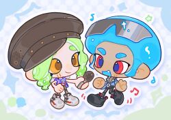 Rule 34 | 1boy, 1girl, afro, black hat, blue hair, chibi, chibi only, closed mouth, commentary, dark-skinned male, dark skin, eyewear on head, fang, green hair, hat, holding, holding microphone, long hair, microphone, musical note, nintendo, octoling, octoling boy, octoling girl, octoling player character, open mouth, outline, red eyes, rongyu1029, short hair, smile, sparkle, splatoon (series), star (symbol), sunglasses, tentacle hair, thick eyebrows, v, white outline, yellow eyes