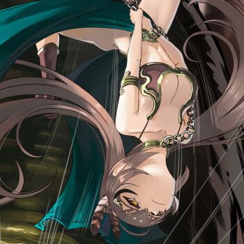 asphyxiation boots breasts brown_boots brown_hair cahryos chain cleavage cosplay feathers highres hololive hololive_english huttslayer_leia jabba_the_hutt long_hair nanashi_mumei navel princess_leia princess_leia_(cosplay) revealing_clothes star_wars strangling upside-down virtual_youtuber yellow_eyes
