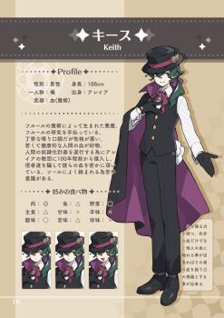 Rule 34 | 1boy, :d, absurdres, black cape, black gloves, black hat, black pants, black shoes, black vest, cape, character name, character profile, closed eyes, closed mouth, collared shirt, commentary request, fang, full body, gloves, green hair, grin, hat, highres, keith (pekaso1118n), long hair, long sleeves, low side ponytail, multiple expressions, neck ribbon, open mouth, original, pants, pekaso1118n, red eyes, ribbon, shirt, shoes, side ponytail, smile, standing, vest, wavy hair, white shirt