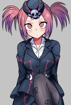 1girl black_hat black_jacket black_pantyhose black_skirt breasts commentary_request duel_monster grey_background hat highres jacket medium_breasts pantyhose red_eyes red_hair shirt simple_background skirt tour_guide_from_the_underworld twintails wadatsumi_(sense11531153) white_shirt yu-gi-oh!