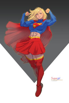 1girl abs blonde_hair blue_eyes blue_shirt boots breasts cape character_name clenched_hands closed_mouth commentary commission cropped_shirt dc_comics english_commentary eyelashes flexing floating floating_cape floating_clothes floating_hair full_body highres large_breasts light_smile long_hair long_sleeves looking_at_viewer miniskirt muscular muscular_female navel red_boots red_cape red_skirt rejean_dubois shirt simple_background skirt sleeves_past_wrists supergirl superhero_costume superman_(series) thick_arms thick_thighs thigh_boots thighs wind