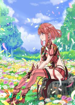 1girl blue_sky bob_cut closed_mouth cloud commentary_request core_crystal_(xenoblade) falling_petals field flower flower_field full_body highres on_tree_stump outdoors petals pyra_(xenoblade) red_eyes red_hair sitting sky smile sofusan1526 solo tree xenoblade_chronicles_(series) xenoblade_chronicles_2