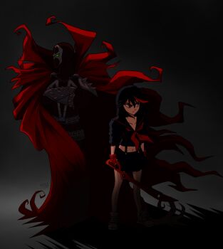 Rule 34 | artist name, black hair, cape, chain, commentary, commission, crossover, dark, demon, english commentary, gloves, glowing, glowing eyes, green eyes, grey background, highres, holding, holding weapon, kamui (kill la kill), kill la kill, lich, life fiber, living clothes, mask, mast3r-rainb0w, matoi ryuuko, midriff, multicolored hair, red cape, red gloves, scissor blade (kill la kill), senketsu, skull, spawn (comic), spawn (spawn), spikes, standing, streaked hair, superhero costume, suspenders, weapon, western comics (style)