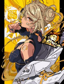 Rule 34 | 1boy, 1girl, bare shoulders, black nails, blonde hair, blue dress, blue sleeves, body markings, braid, breasts, brown hair, china dress, chinese clothes, cleavage cutout, clothing cutout, crossover, cut-in, dark-skinned female, dark skin, detached sleeves, double bun, dress, earrings, fang, from side, hair bun, hair ornament, highres, jacket, jamie siu, jewelry, kaminari qpi, kaminari qpi (4th costume), medium breasts, multicolored hair, off shoulder, orange eyes, pokimari, single bang, single braid, skin fang, streaked hair, street fighter, street fighter 6, tassel, tassel earrings, turtleneck, turtleneck dress, undercut, upper body, virtual youtuber, vspo!, white jacket