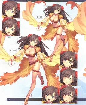 1girl arabian_clothes blush breasts cleavage dancer earrings fate/grand_order fate_(series) female_focus flower frilled_thigh_strap grey_eyes hair_flower hair_ornament highres hoop_earrings jewelry koyama_hirokazu large_breasts long_hair looking_at_viewer mata_hari_(fate) navel official_art smile solo thigh_strap waifu2x