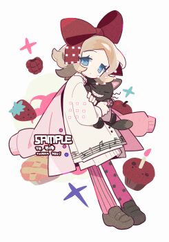 1girl animal asymmetrical_legwear blonde_hair blue_eyes bow_hairband brown_shoes candle cardigan cat closed_mouth cupcake dress food fruit full_body hairband highres holding holding_animal long_sleeves looking_at_viewer meimei_(wakamoid) mismatched_legwear open_cardigan open_clothes original pantyhose pie pink_cardigan pink_pantyhose polka_dot polka_dot_pantyhose red_hairband sample_watermark shoes short_hair simple_background solo standing strawberry striped_clothes striped_pantyhose watermark white_background white_dress
