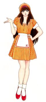 Rule 34 | 1girl, ankle socks, apron, asaoka natsumi, bobby socks, brown eyes, brown hair, collared shirt, commentary request, full body, hairband, hand on own hip, hand up, highres, long hair, looking at viewer, miura mitsuru, official art, open mouth, pink hairband, red shirt, red shoes, red skirt, shirt, shoes, short sleeves, simple background, skirt, smile, socks, solo, standing, striped clothes, striped shirt, striped skirt, tachi-e, teeth, the kabocha wine, two-tone shirt, two-tone skirt, upper teeth only, vertical-striped clothes, vertical-striped shirt, vertical-striped skirt, waist apron, waitress, white apron, white background, white socks, yellow shirt, yellow skirt