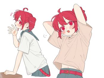 1girl ahoge arms_behind_back belt blush brown_shirt drill_hair grey_skirt highres kasane_teto multiple_views navel notice_lines ofo_j1 open_mouth puff_of_air red_eyes red_hair sailor_collar shirt short_hair short_sleeves simple_background skirt twin_drills utau white_background white_shirt