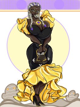 1girl bodypaint braid breasts curvy dark-skinned_female dark_skin dolores_(kof) dress female_focus glasses gold green_eyes huge_breasts large_breasts long_hair multicolored_hair purple_hair round_eyewear skirt standing the_king_of_fighters thedrown1 thick_lips thick_thighs thighs two-tone_hair white_hair wide_hips