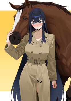 1girl black_eyes black_hair blush body_fur border breasts brown_coat brown_fur coat collarbone commission cowboy_shot highres horse implied_bestiality kill_la_kill kiryuuin_satsuki large_breasts long_hair mm_(yoromu) naked_coat simple_background trench_coat white_border yellow_background
