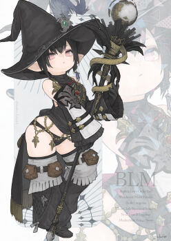Rule 34 | 1girl, arched back, artist name, bare shoulders, black gloves, black hair, black hat, black mage (final fantasy), black panties, black shoes, commentary request, detached pants, detached sleeves, dress, earrings, final fantasy, final fantasy xiv, frilled sleeves, frills, full body, gloves, hat, hat feather, highres, holding, holding staff, jewelry, lalafell, looking at viewer, mage staff, no pupils, original, panties, pink eyes, pointy ears, pouch, puluie, shoes, short hair, signature, single earring, sleeveless, sleeveless dress, solo, staff, thigh pouch, underwear, warrior of light (ff14), wide sleeves, witch hat, zoom layer