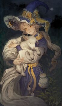 1girl absurdres animal animal_ear_piercing animal_ears anti-eyebrow_piercing baby_animal blue_hat blue_robe bow braid closed_mouth crescent earclip face_piercing frilled_bow frills grey_hair hat hat_bow highres holding holding_animal hooves horizontal_pupils lamb layered_sleeves lips long_hair long_sleeves low-braided_long_hair low-tied_long_hair low_ponytail night orange_eyes original outdoors piercing ponytail pouch robe sash sheep sheep_ears short_over_long_sleeves short_sleeves signature sky star_(sky) starry_sky suribbon witch witch_hat yellow_bow yellow_sash