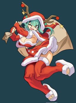 antlers bag belt breasts christmas cleavage commentary detached_sleeves dress english_commentary fur-trimmed_legwear fur-trimmed_sleeves fur_trim green_hair hat highres holding holding_bag horns large_breasts leggings nezo nova_(exnezo) open_mouth original red_dress santa_hat star-shaped_pupils star_(symbol) symbol-shaped_pupils