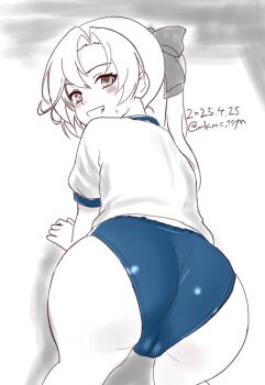 1girl akigumo_(kancolle) all_fours ass blue_buruma buruma cameltoe commentary_request dated grin gym_shirt gym_uniform kantai_collection looking_at_viewer looking_back mole mole_under_eye monochrome ponytail shirt smile solo spot_color t-shirt tasogare_yanio twitter_username white_shirt