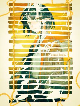 Rule 34 | 1girl, absurdres, arknights, black hair, blackout poetry, braid, bright pupils, chinese clothes, closed mouth, commentary, dragon girl, dragon horns, earrings, eastern dragon horns, english commentary, english text, eyeliner, grey eyes, highres, horns, jewelry, jie (arknights), looking at viewer, makeup, meromeromerope, multicolored hair, orange eyeliner, parted bangs, pointy ears, short hair, side braid, smile, solo, streaked hair, upper body, white horns, white pupils, yellow background