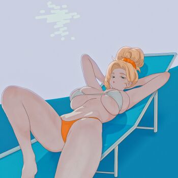 1girl armpits arms_behind_head barefoot bikini blonde_hair blue_eyes breasts feet hair_bun highres large_breasts legs looking_at_viewer lying miami-chan_(ryusei_hashida) navel open_mouth original ryusei_hashida seductive_gaze swimsuit thighs thong_bikini tongue