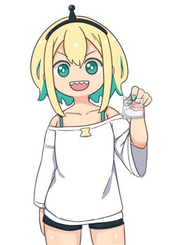 1girl amano_pikamee amano_pikamee_(1st_costume) aqua_eyes aqua_hair aqua_nails basukechi black_hairband black_shorts blonde_hair bra_strap cocaine commentary cowboy_shot drugs hairband highres holding medium_hair off-shoulder_shirt off_shoulder open_mouth sharp_teeth shirt short_shorts shorts smile solo teeth v-shaped_eyebrows virtual_youtuber voms
