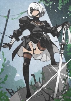 1girl 2b_(nier:automata) black_hairband blindfold boots cleavage_cutout clothing_cutout covered_eyes e-kaki feather-trimmed_sleeves feather_trim hairband highleg highleg_leotard highres juliet_sleeves leg_up leotard long_sleeves mole mole_under_mouth nature nier:automata nier_(series) plant puffy_sleeves rock ruins short_hair skirt solo thighhighs thighhighs_under_boots thong_leotard utility_pole vines virtuous_contract white_leotard