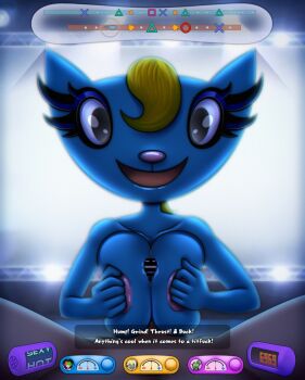 1boy 1girl areola_slip artist_logo blue_fur blue_skin breasts breasts_squeezed_together cartoonized censored colored_skin eyelash_fetish eyelashes furry furry_female furry_with_non-furry gameplay_mechanics happy happy_sex heads-up_display hetero highres interspecies katy_kat large_breasts logo nude paizuri parappa_the_rapper penis pov rhythm smile solo_focus sperm_cell stage stage_lights talking toon_(style) user_interface vrabo