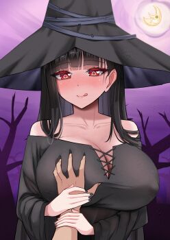 1boy 1girl :q bare_shoulders black_dress black_hair black_nails blue_archive blunt_bangs blush breasts cleavage covered_erect_nipples dress grabbing_another&#039;s_breast groping guided_breast_grab guiding_hand gzanth hat heart heart_in_eye hetero highres large_breasts long_hair looking_at_viewer pov red_eyes rio_(blue_archive) smile symbol_in_eye tongue tongue_out witch_hat