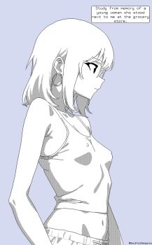 1girl armpit_peek bare_shoulders blue_background breasts camisole covered_erect_nipples earrings expressionless from_side glasses hoop_earrings jewelry lineart looking_ahead midriff monochrome navel original pixel_art short_hair sidelocks simple_background small_breasts solo soulfull_sequoia twitter_username