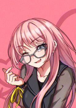 Rule 34 | 1girl, absurdres, bang dream!, bang dream! it's mygo!!!!!, blush, chihaya anon, collarbone, commentary, fang, finger heart, glasses, grey-framed eyewear, grey eyes, highres, junji 17, long hair, long sleeves, looking at viewer, one eye closed, open mouth, pink background, pink hair, ribbon, simple background, smile, solo, teeth, upper body, upper teeth only, yellow ribbon
