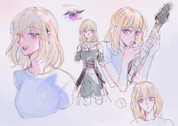 Rule 34 | 1girl, ?, bang dream!, bang dream! it's mygo!!!!!, black dress, blonde hair, closed mouth, commentary, doloris (bang dream!), dress, electric guitar, guitar, highres, holding, holding guitar, holding instrument, instrument, looking at viewer, maybecrosswise, medium hair, misumi uika, multiple views, open mouth, purple eyes, shirt, short sleeves, smile, spoken question mark, white shirt