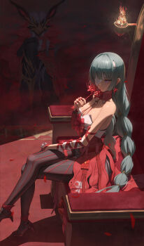 1girl absurdres bad_id bad_pixiv_id bandage_over_one_eye bandaged_arm bandages bare_shoulders black_pantyhose braid closed_mouth commentary crossed_legs dress earrings flower from_side grey_hair highres holding holding_flower jewelry long_hair looking_at_viewer low_twin_braids pantyhose phrolova_(wuthering_waves) red_dress red_flower red_pupils red_sleeves sidelocks single_sleeve sitting sitting_on_throne smile solo spider_lily tacet_discord_(wuthering_waves) throne toroe02 twin_braids very_long_hair white_eyes wuthering_waves