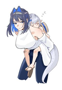 1boy 1girl bandaid bandaid_on_knee bandaid_on_leg bare_legs bare_shoulders black_hair blue_eyes blue_hair blue_pants boros_(ouro_kronii) borrowed_design breasts carrying closed_eyes colored_inner_hair commentary detached_sleeves english_commentary grey_hair grey_headband hair_intakes halterneck headband highres hololive hololive_english large_breasts leaning_forward multicolored_hair ouro_kronii pants personification piggyback pointy_ears sandals short_hair simple_background sleeping smile snake_boy snake_tail tail two-tone_hair virtual_youtuber white_background yorobisan zzz