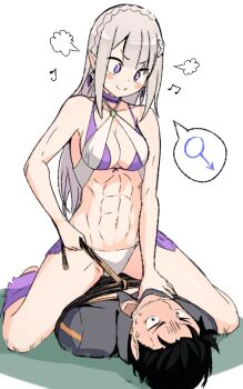 1boy 1girl abs amazon bikini black_hair blush bound choker emilia_(re:zero) femdom gag gagged gagged_male grey_hair highres improvised_gag layered_bikini long_hair mars_symbol musical_note natsuki_subaru pointy_ears purple_eyes re:zero_kara_hajimeru_isekai_seikatsu simple_background smile spoken_musical_note straddling sweat swimsuit