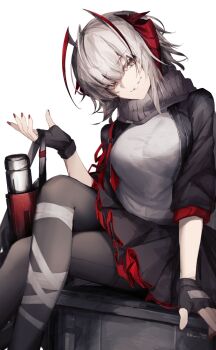 1girl ankoro_mochi antenna_hair arknights black_gloves black_jacket black_pantyhose black_skirt box breasts commentary crossed_legs demon_girl demon_horns english_commentary feet_out_of_frame fingerless_gloves gloves grenade_launcher grey_scarf hair_between_eyes hand_up highres holding holding_weapon horns jacket looking_at_viewer medium_breasts multicolored_hair nail_polish on_box open_clothes open_jacket pantyhose red_horns red_nails revision scar scar_on_arm scarf shirt short_hair simple_background sitting sitting_on_box skirt smirk solo tail w_(arknights) weapon white_background white_hair white_shirt