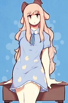 Rule 34 | 1girl, beep (sheepiu), blue background, blue dress, borrowed character, brown hair, brown horns, collared dress, cowboy shot, d-floe, dress, highres, horns, original, short sleeves, solo