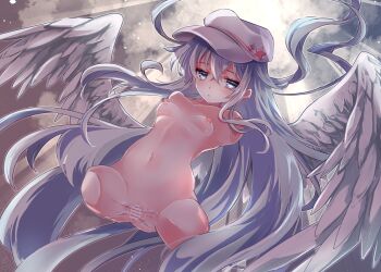 1girl absurdres amputee bar_censor blue_eyes breasts censored commission dilation_tape feathered_wings flat_cap grey_hair hair_between_eyes hammer_and_sickle hat hibiki_(kancolle) highres kantai_collection loli long_hair meguri_uguisu navel nipples nude pussy quadruple_amputee red_star skeb_commission small_breasts solo spread_pussy star_(symbol) tape verniy_(kancolle) very_long_hair white_hat white_wings wings
