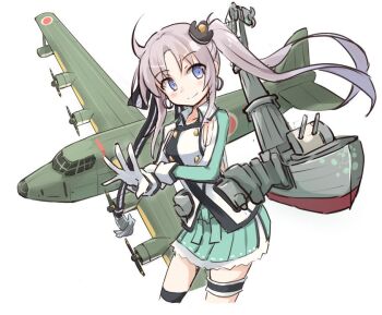 1girl aircraft airplane akitsushima_(kancolle) armpit_cutout black_hat blue_eyes breasts closed_mouth clothing_cutout commentary cropped_legs earrings gloves grey_hair hair_ribbon hat jewelry kantai_collection long_hair long_sleeves looking_at_viewer mini_hat nishikitaitei-chan pleated_skirt ribbon rigging senhappyaku side_ponytail simple_background skirt small_breasts solo thighhighs white_background white_gloves