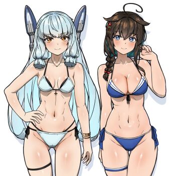 Rule 34 | 2girls, abs, aqua hair, arm behind back, arthur ko, bikini, blue bikini, blue eyes, blush, bow, bracelet, braid, braided ponytail, breasts, brown hair, cleavage, closed mouth, collarbone, commentary request, cowboy shot, front-tie bikini top, front-tie top, gluteal fold, groin, hair between eyes, hair bow, hair ornament, hair over shoulder, hairpin, hand on own hip, hand up, highres, hip focus, jewelry, kantai collection, layered bikini, long hair, looking at viewer, medium breasts, medium hair, multiple girls, murakumo (kancolle), navel, necklace, orange eyes, red bow, ribbon, shigure (kancolle), shigure kai san (kancolle), shigure kai san (swimsuit) (kancolle), short eyebrows, side-tie bikini bottom, sidelocks, simple background, single braid, small breasts, smile, standing, stomach, swimsuit, thigh gap, thigh strap, thighs, white background, white bikini