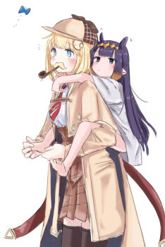 2girls age_difference aged_down aoi_(aoisaka) arms_around_neck bare_legs barefoot black_thighhighs blonde_hair blue_butterfly blue_eyes blush bob_cut bow brown_bow brown_capelet brown_coat brown_hat brown_skirt bug butterfly capelet carrying carrying_person child child_carry chinese_commentary closed_mouth coat commentary commentary_request deerstalker diamond_(shape) diamond_hairband dress_shirt english_commentary expressionless fake_facial_hair fake_mustache gradient_hair hair_ornament hat hat_bow high-waist_skirt highres holding_another&#039;s_foot hololive hololive_english insect long_hair miniskirt mixed-language_commentary mouth_hold multicolored_hair multiple_girls necktie ninomae_ina&#039;nis no_pants notice_lines onee-loli open_clothes open_coat orange_hair oversized_clothes oversized_shirt piggyback pipe_in_mouth plaid_clothes plaid_skirt pleated_skirt pointy_ears purple_hair red_necktie shirt shirt_tucked_in short_hair short_sleeves sidelocks simple_background skirt smoking_pipe soles standing tentacle_hair thighhighs toes two-tone_hair very_long_hair virtual_youtuber watson_amelia watson_amelia_(1st_costume) white_background white_shirt zettai_ryouiki