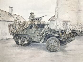 3boys atelier_bono browning_m2 building cloud cloudy_sky combat_helmet commentary_request gun heavy_machine_gun helmet highres m1_helmet m3_half-track machine_gun manually-operated_mounted_gun military_combat_uniform military_jeep military_uniform military_vehicle motor_vehicle multiple_boys original painting_(medium) sky soldier tow_hook traditional_media watercolor_(medium) weapon world_war_ii