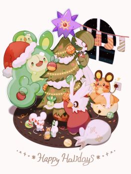 applin bob_cut candy candy_cane christmas christmas_ornaments christmas_tree colored_skin dedenne delibird food gardevoir gen_1_pokemon gen_2_pokemon gen_3_pokemon gen_5_pokemon gen_6_pokemon gen_8_pokemon gimmighoul gimmighoul_(roaming) green_hair green_skin happy_holidays harumomo_(@harumomo123456) hat highres holding holding_candy holding_candy_cane holding_food maushold multicolored_skin nintendo open_mouth pokemon pokemon_(creature) red_eyes reuniclus santa_hat smile smoliv solosis starmie sweatdrop tree two-tone_skin white_skin window yamper