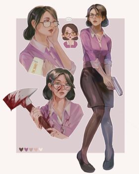 ... 1girl belt black-framed_eyewear black_footwear black_hair blush border breasts closed_mouth collarbone collared_shirt commentary english_commentary fingernails folder full_body glasses green_eyes gun hair_ornament hairclip handgun heart highres holding holding_folder holding_weapon jinaxxo lips looking_at_viewer medium_breasts medium_hair miss_pauling multiple_views nail_polish outline outside_border pantyhose paperclip parted_bangs parted_lips pencil_skirt purple_nails purple_shirt shirt shirt_tucked_in shoes simple_background skirt speech_bubble spoken_ellipsis standing team_fortress_2 weapon white_border